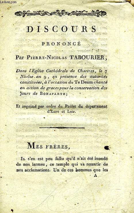 DISCOURS PRONONCE PAR PIERRE-NICOLAS TABOURIER, DANS L'EGLISE CATHEDRALE DE CHARTRES LE 7 NIVSE AN 9