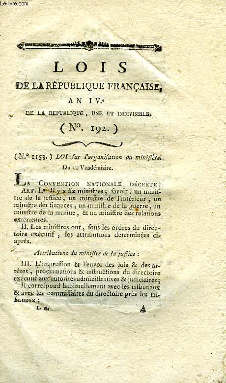 LOIS DE LA REPUBLIQUE FRANCAISE, N 192, AN IV DE LA REPUBLIQUE UNE ET INDIVISIBLE