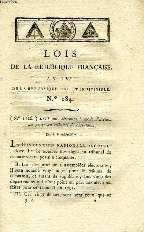 LOIS DE LA REPUBLIQUE FRANCAISE, N 184, AN IV DE LA REPUBLIQUE UNE ET INDIVISIBLE