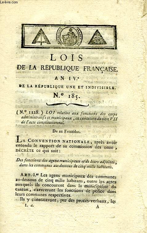 LOIS DE LA REPUBLIQUE FRANCAISE, N 185, AN IV DE LA REPUBLIQUE UNE ET INDIVISIBLE