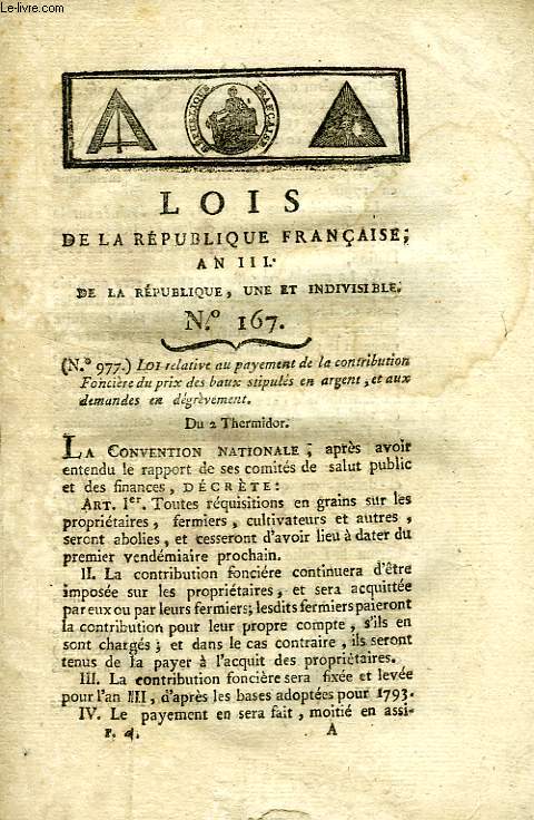 LOIS DE LA REPUBLIQUE FRANCAISE, N 167, AN III DE LA REPUBLIQUE UNE ET INDIVISIBLE