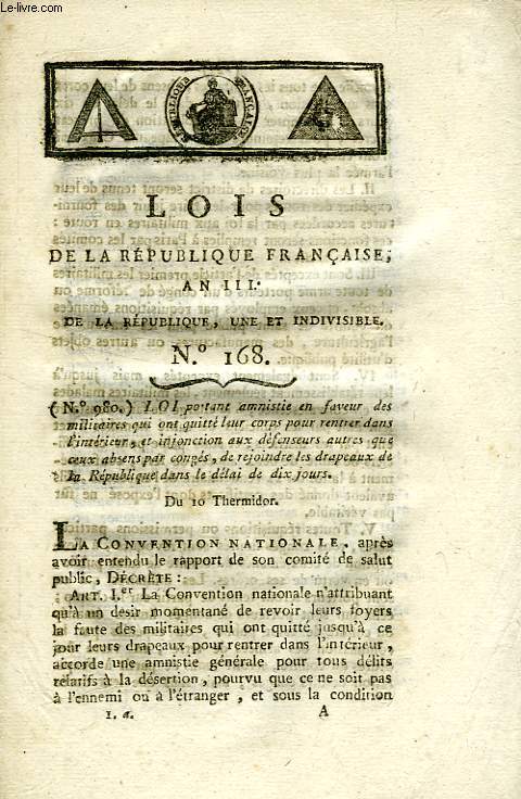 LOIS DE LA REPUBLIQUE FRANCAISE, N 168, AN III DE LA REPUBLIQUE UNE ET INDIVISIBLE