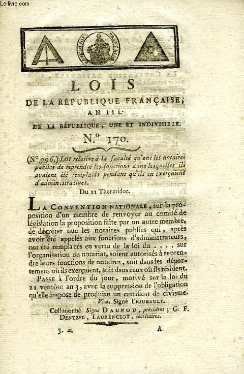LOIS DE LA REPUBLIQUE FRANCAISE, N 170, AN III DE LA REPUBLIQUE UNE ET INDIVISIBLE