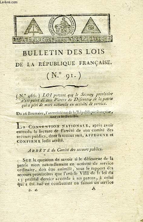 BULLETIN DES LOIS DE LA REPUBLIQUE FRANCAISE, N 91 (AN III)