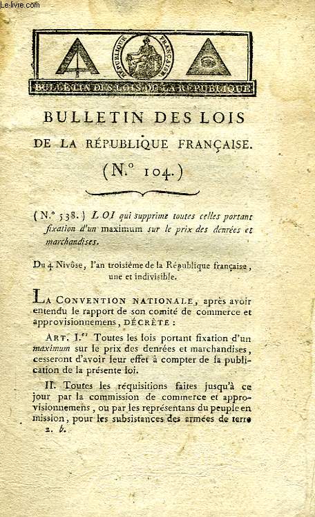 BULLETIN DES LOIS DE LA REPUBLIQUE FRANCAISE, N 104 (AN III)