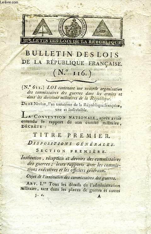 BULLETIN DES LOIS DE LA REPUBLIQUE FRANCAISE, N 116 (AN III)