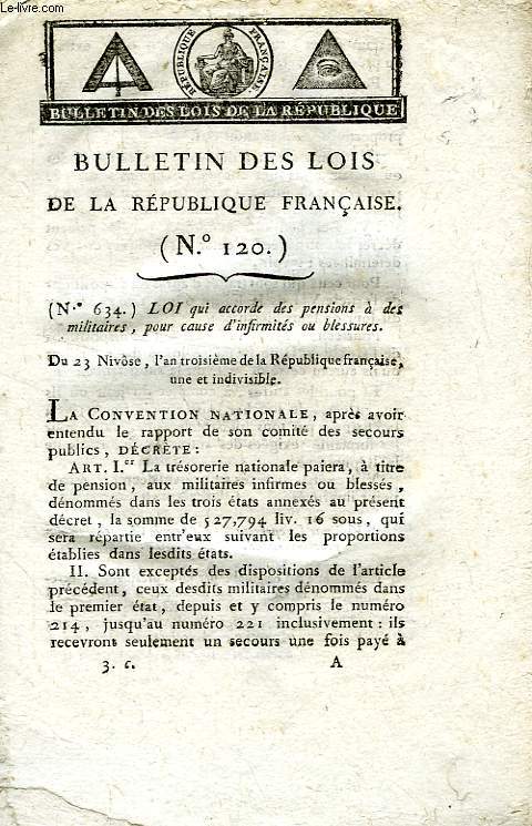 BULLETIN DES LOIS DE LA REPUBLIQUE FRANCAISE, N 120 (AN III)