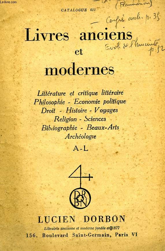 LIVRES ANCIENS ET MODERNES, CATALOGUE 612