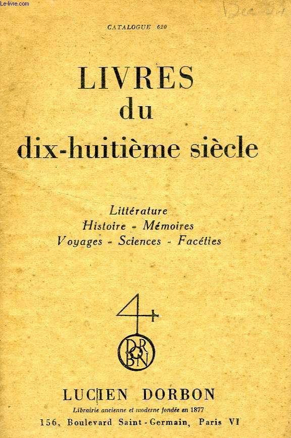 LIVRES DU XVIIIe SIECLE, CATALOGUE 620