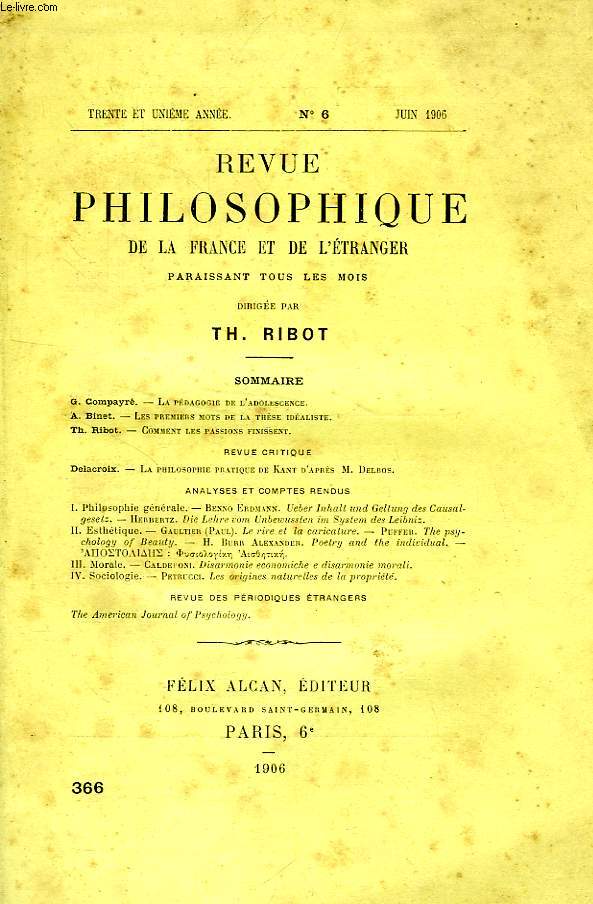 REVUE PHILOSOPHIQUE DE LA FRANCE ET DE L'ETRANGER, 31e ANNEE, N 6 (366), JUIN 1906