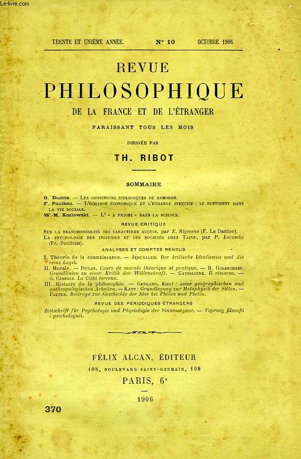 REVUE PHILOSOPHIQUE DE LA FRANCE ET DE L'ETRANGER, 31e ANNEE, N 10 (370), OCT. 1906