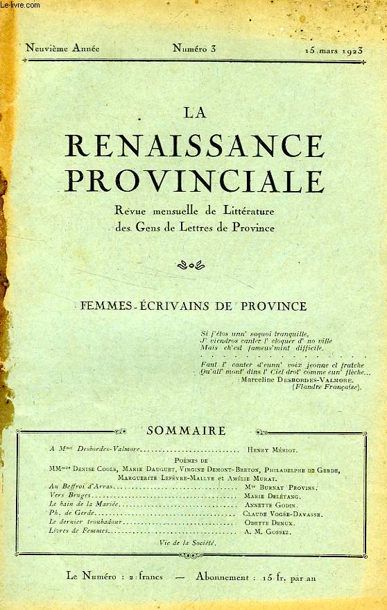 LA RENAISSANCE PROVINCIALE, 9e ANNEE, N 3, MARS 1923, REVUE DE LITTERATURE ET D'ART DES GENS DE LETTRES DE PROVINCE