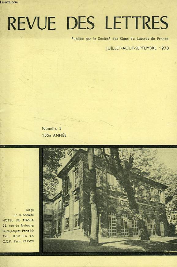 REVUE DES LETTRES, 105e ANNEE, N 3, JUILLET-SEPT. 1970