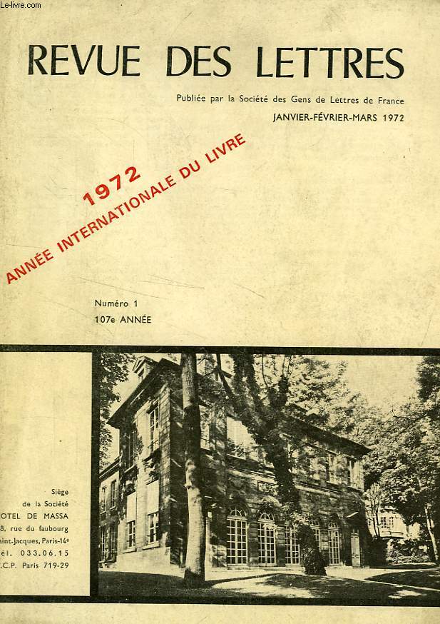 REVUE DES LETTRES, 107e ANNEE, N 1, JAN.-MARS 1972