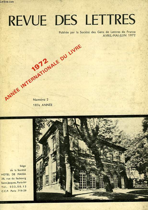 REVUE DES LETTRES, 107e ANNEE, N 2, AVRIL-JUIN 1972