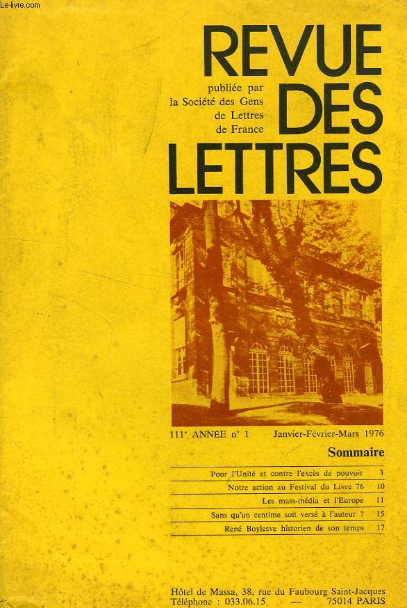 REVUE DES LETTRES, 111e ANNEE, N 1, JAN.-MARS 1976
