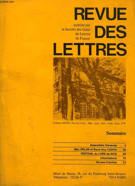 REVUE DES LETTRES, 113e ANNEE, N 2-3, MAI-SEPT. 1978
