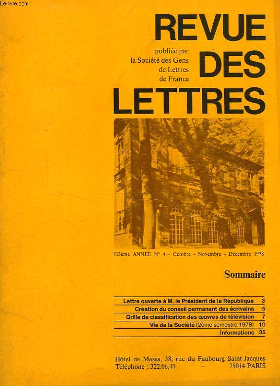 REVUE DES LETTRES, 113e ANNEE, N 4, OCT.-DEC. 1978