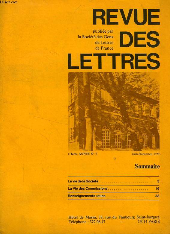 REVUE DES LETTRES, 114e ANNEE, N 1, JUIN-DEC. 1979