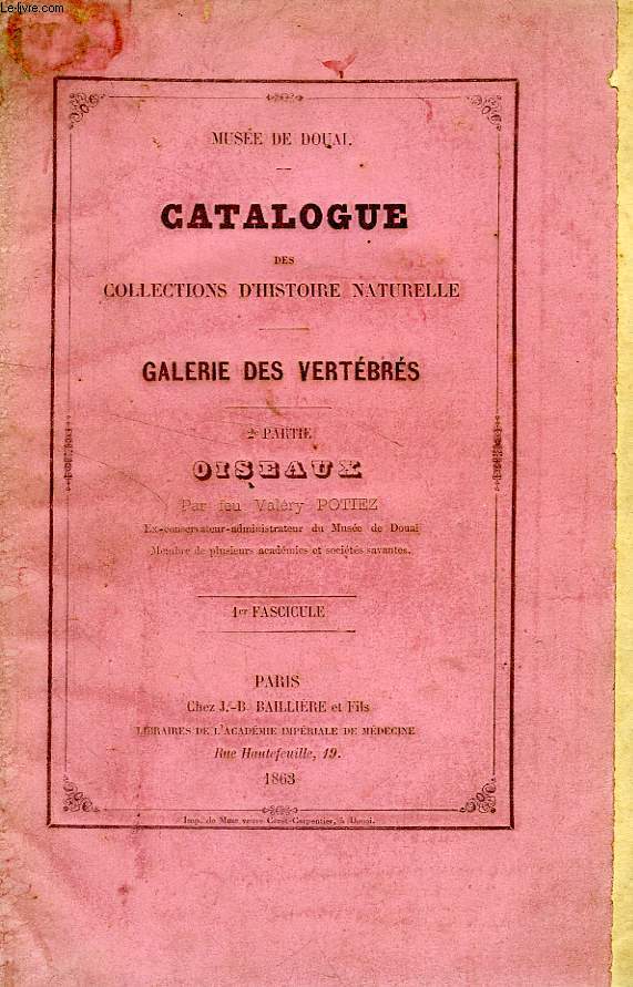 CATALOGUE DES COLLECTIONS D'HISTOIRE NATURELLE, GALERIE DES VERTEBRES, 2e PARTIE, OISEAUX