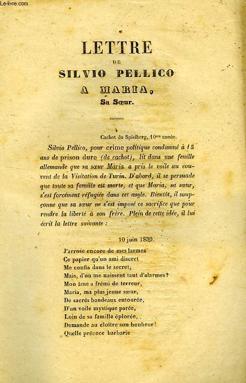 LETTRE DE SILVIO PELLICO A MARIA SA SOEUR