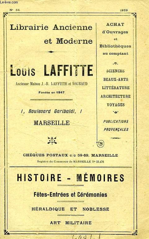 LIBRAIRIE ANCIENNE ET MODERNE LOUIS LAFITTE, N 54, 1929