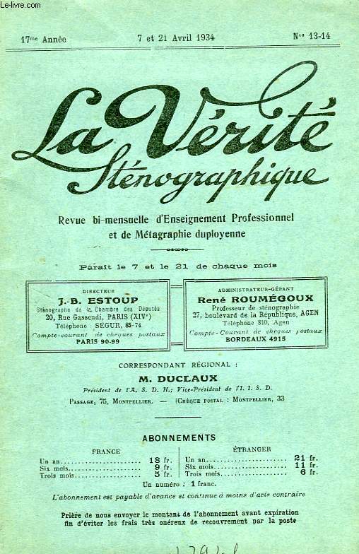 LA VERITE STENOGRAPHIQUE, 17e ANNEE, N 13-14, AVRIL 1934