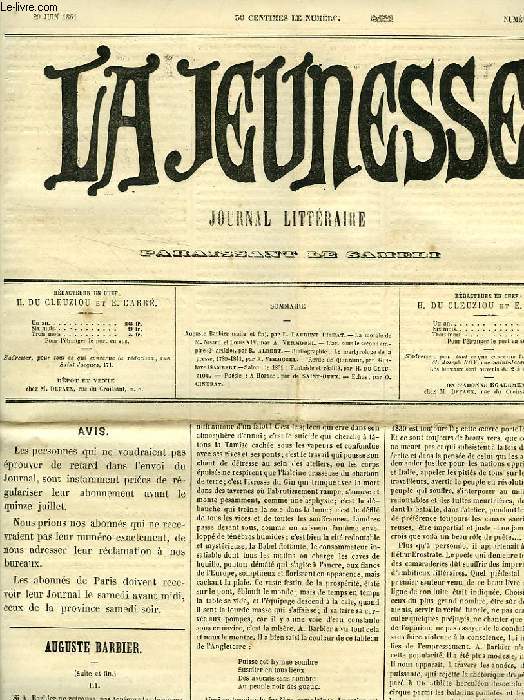 LA JEUNESSE, N 4, 29 JUIN 1861, JOURNAL LITTERAIRE PARAISSANT LE SAMEDI