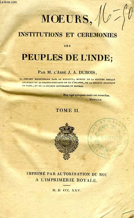 MOEURS, INSTITUTIONS ET CEREMONIES DES PEUPLES DE L'INDE, TOME II