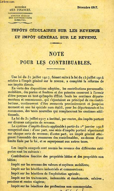 NOTE POUR LES CONTRIBUABLES, DEC. 1917