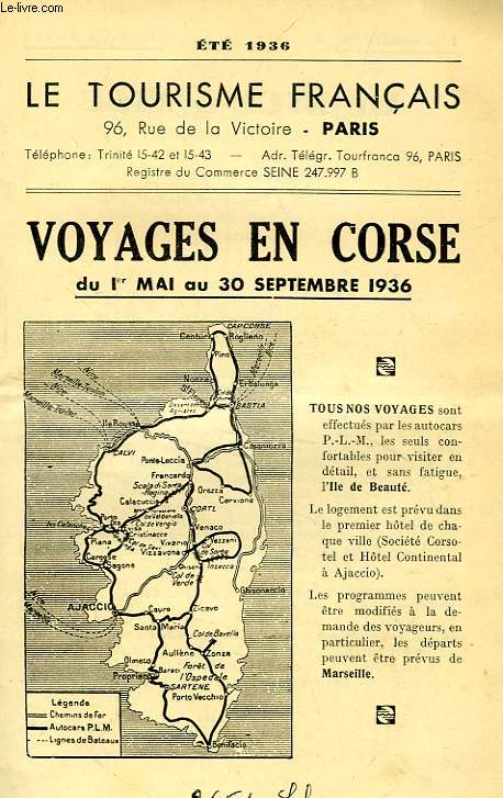 LE TOURISME FRANCAIS, VOYAGES EN CORSE, SEPT. 1936