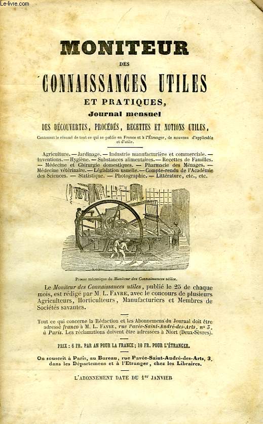 MONITEUR DES CONNAISSANCES UTILES ET PRATIQUES, JOURNAL MENSUEL DES DECOUVERTES, PROCEDES, RECETTES ET NOTIONS UTILES, 2e ANNEE, N 1, JAN. 1855