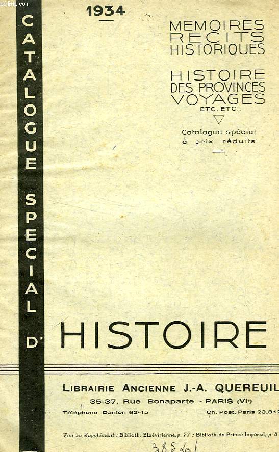 CATALOGUE SPECIAL D'HISTOIRE, 1934