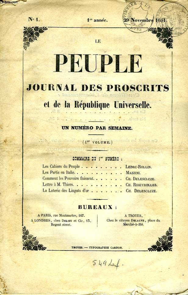 LE PEUPLE, JOURNAL DES PROSCRITS ET DE LA REPUBLIQUE UNIVERSELLE, 1re ANNEE, N 1, 29 NOV. 1851