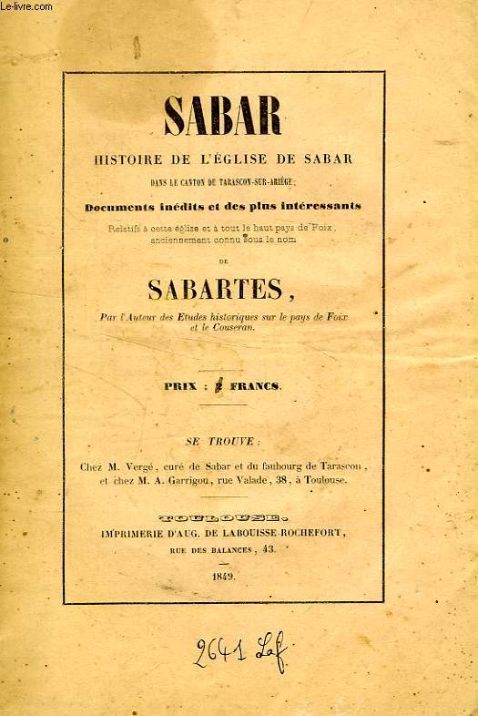 SABAR, HISTOIRE DE L'EGLISE DE SABAR DANS LE CANTON DE TARASCON-SUR-ARIEGE