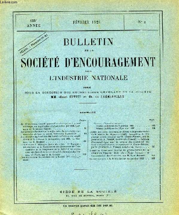 BULLETIN DE LA SOCIETE D'ENCOURAGEMENT POUR L'INDUSTRIE NATIONALE, 125e ANNEE, N 2, FEV. 1926
