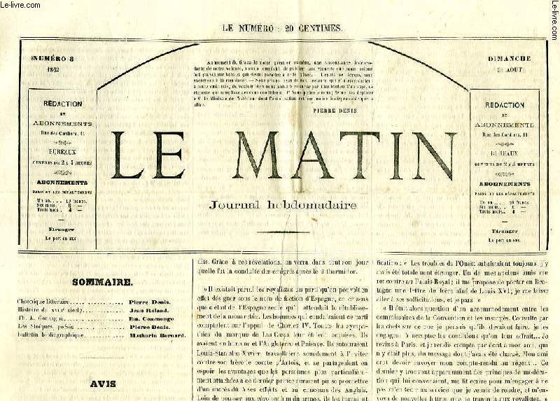 LE MATIN, N 8, DIMANCHE 31 AOUT 1862, JOURNAL HEBDOMADAIRE