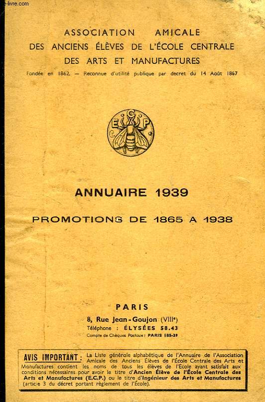 ANNUAIRE 1939, PROMOTIONS DE 1865 A 1938