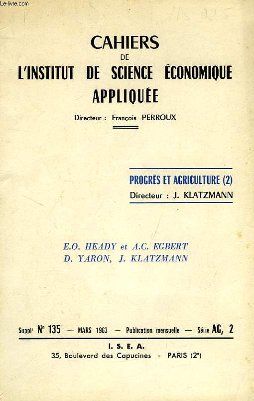 CAHIERS DE L'INSTITUT DE SCIENCE ECONOMIQUE APPLIQUEE, SUPPLEMENT N 135, MARS 1963, SERIE AG, 2