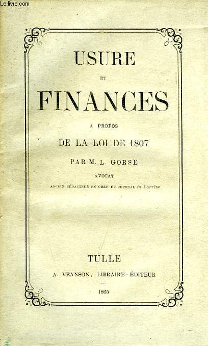 USURE ET FINANCES, A PROPOS DE LA LOI DE 1807