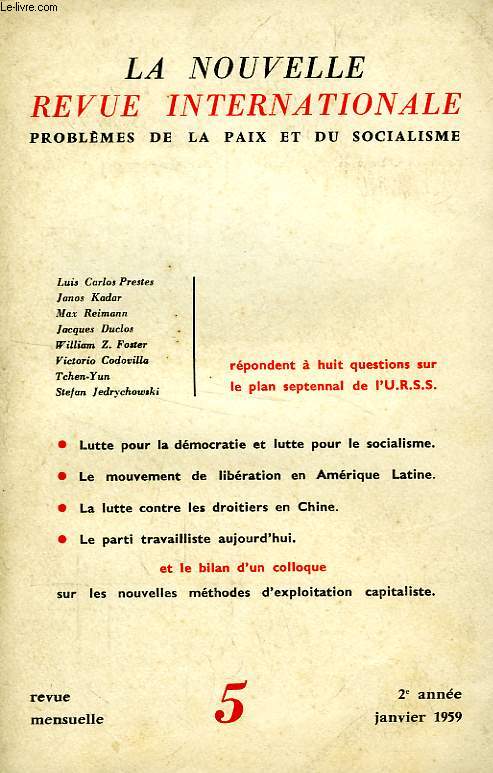 LA NOUVELLE REVUE INTERNATIONALE, 2e ANNEE, N 5, JAN. 1959, PROBLEMES DE LA PAIX ET DU SOCIALISME