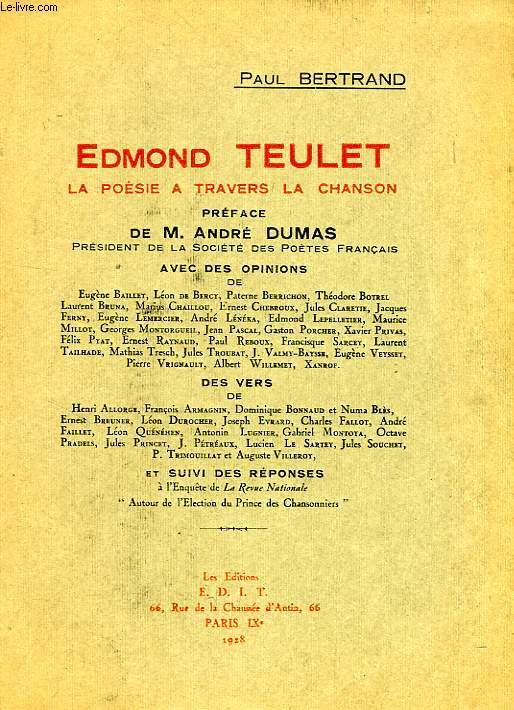 EDMOND TEULET, LA POESIE A TRAVERS LA CHANSON