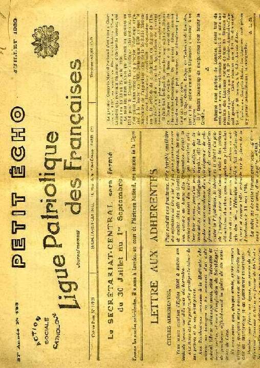 LE PETIT ECHO DE LA LIGUE PATRIOTIQUE DES FRANCAISES, 27e ANNEE, N 588, JUILLET 1930