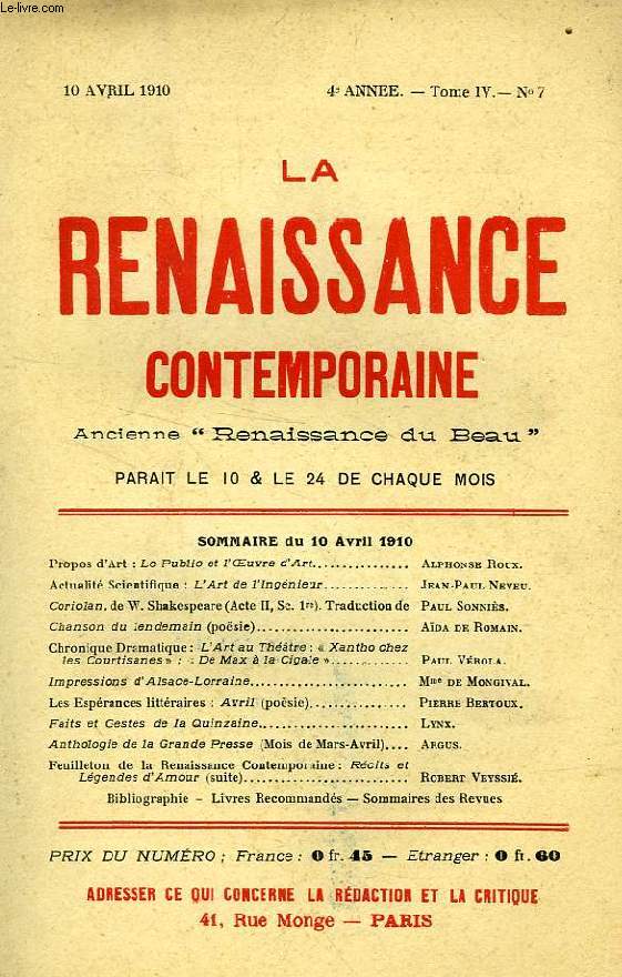 LA RENAISSANCE CONTEMPORAINE, 4e ANNEE, N 7, AVRIL 1910