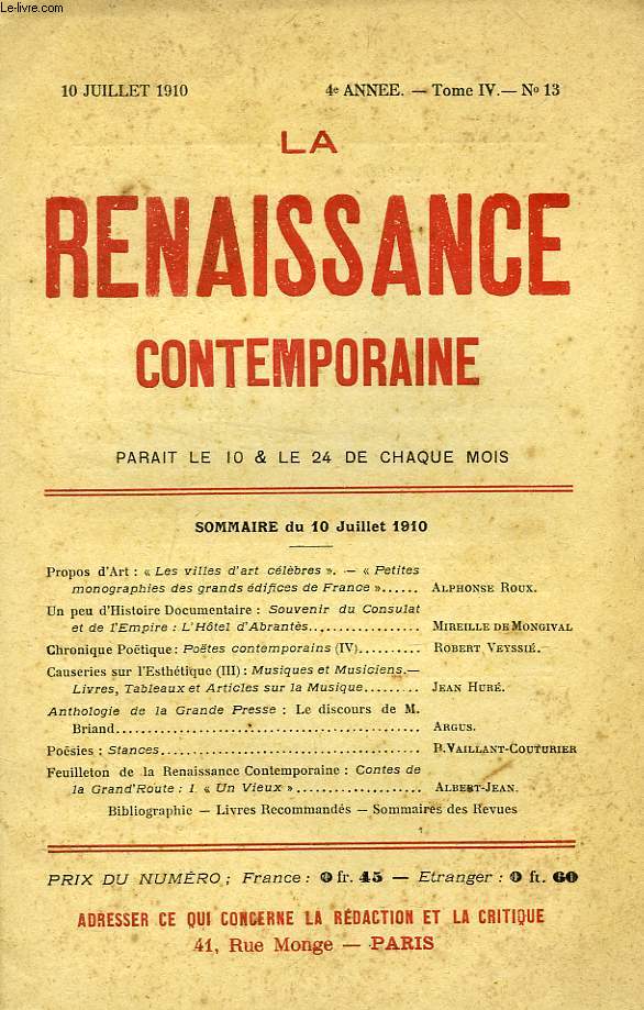 LA RENAISSANCE CONTEMPORAINE, 4e ANNEE, N 13, JUILLET 1910