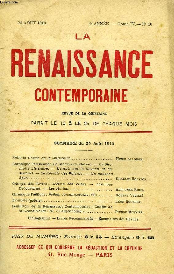 LA RENAISSANCE CONTEMPORAINE, 4e ANNEE, N 16, AOUT 1910