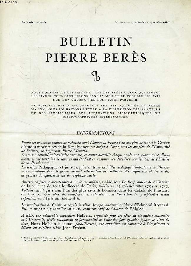 BULLETIN PIERRE BERES, N 29-30, OCT. 1960