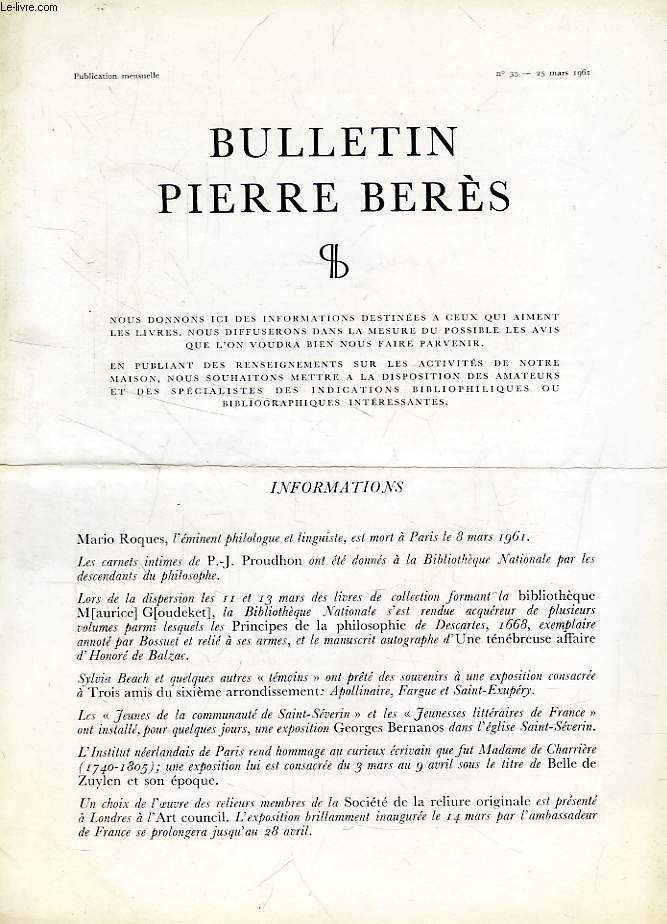BULLETIN PIERRE BERES, N 35, MARS 1961