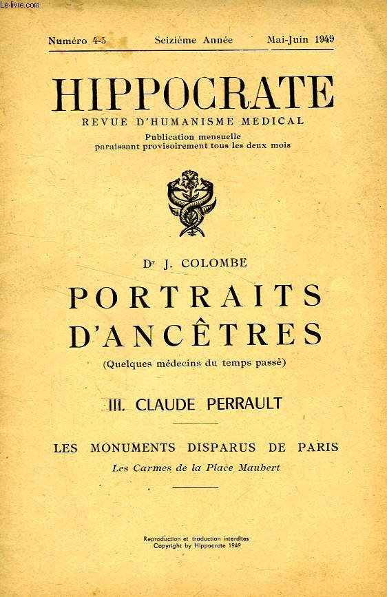 HIPPOCRATE, 16e ANNEE, N 4-5, 1949, REVUE D'HUMANISME MEDICAL