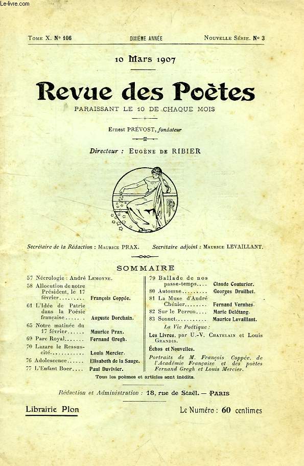 REVUE DES POETES, TOME X, 10e ANNEE, N 106, NOUVELLE SERIE, N 3, MARS 1907